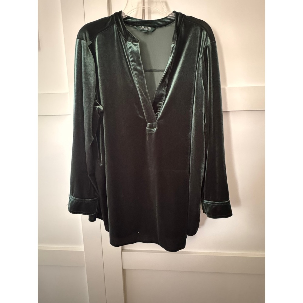 Lauren Ralph Lauren Green Velvet Tunic‎ Top Gold Logo Button Cuffs Womens 2X TTG